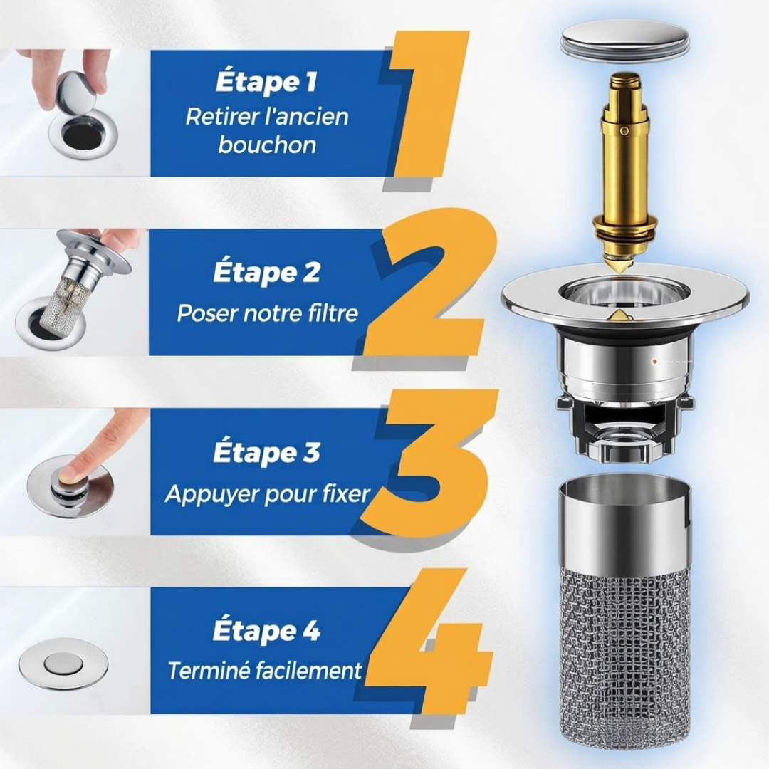 ACHETEZ-EN 1, OBTENEZ-EN 1 GRATUIT !  AquaStop Pro – Bouchon Anti-Bouchon en Inox – Filtre Fin & Facile à Nettoyer – Stop aux Cheveux & Résidus